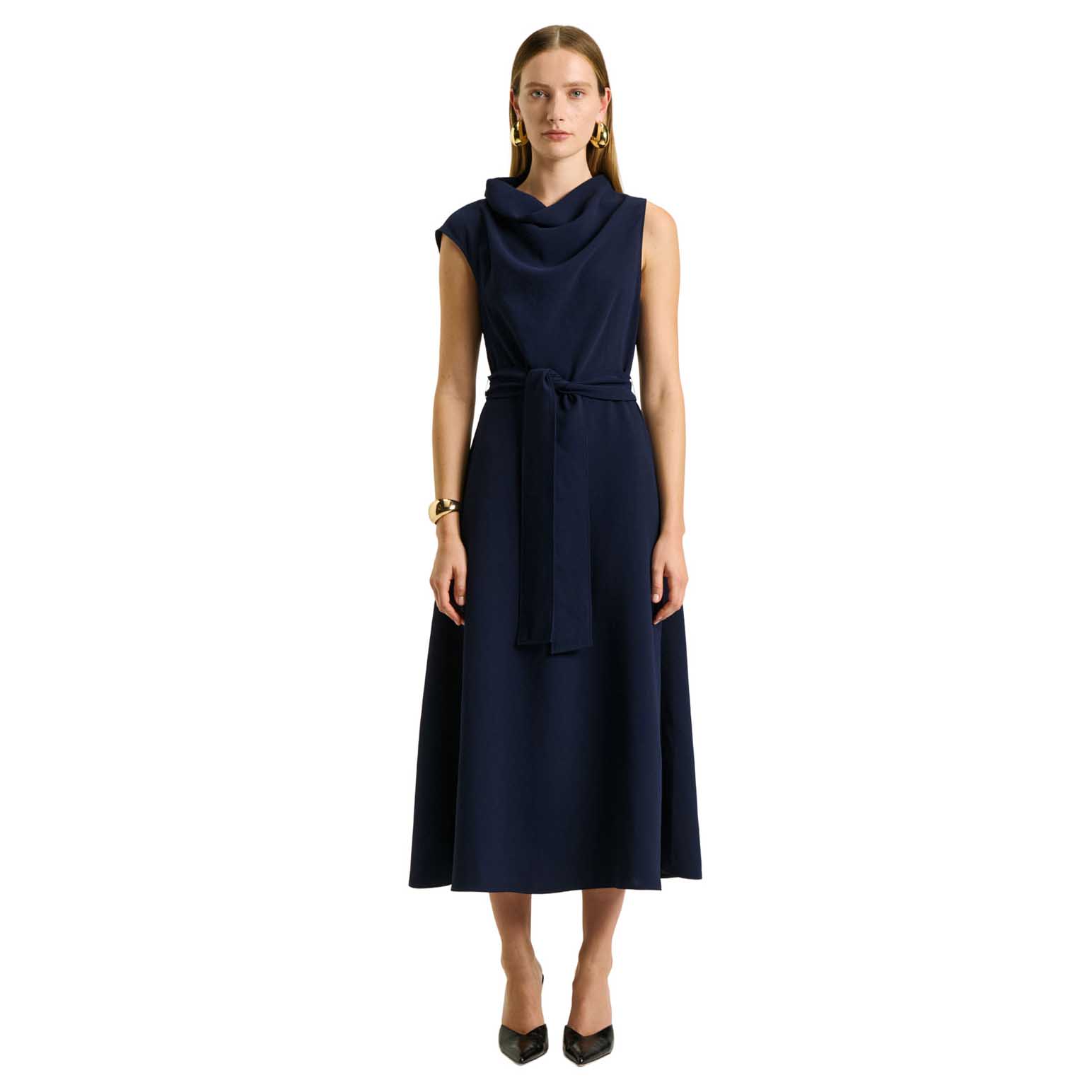 Veronika Maine Drapey Crepe Belted Cowl Neck Midi Dress